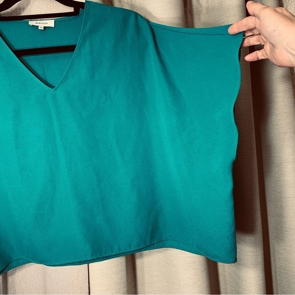 Aritzia Babaton Green Crepe Blouse Sz S Oversized Dolman Short Sleeve Shirt - Picture 7 of 13
